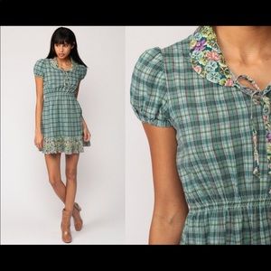 Babydoll Dress Mini Puff Sleeve 70s Mini PLAID PRINT 1970s Floral Vintage small